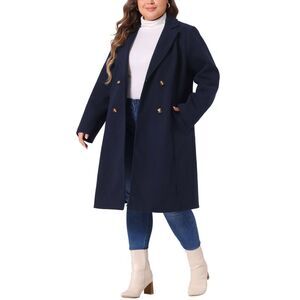 Plus Size Long Notched Lapel Double Breasted Coats Dark Blue